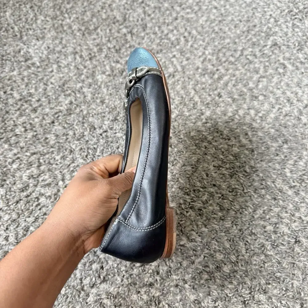 AGL Monika Cap Toe Ballet Leather Flats 38 US 8 Black Blue Accent Slip On Shoe